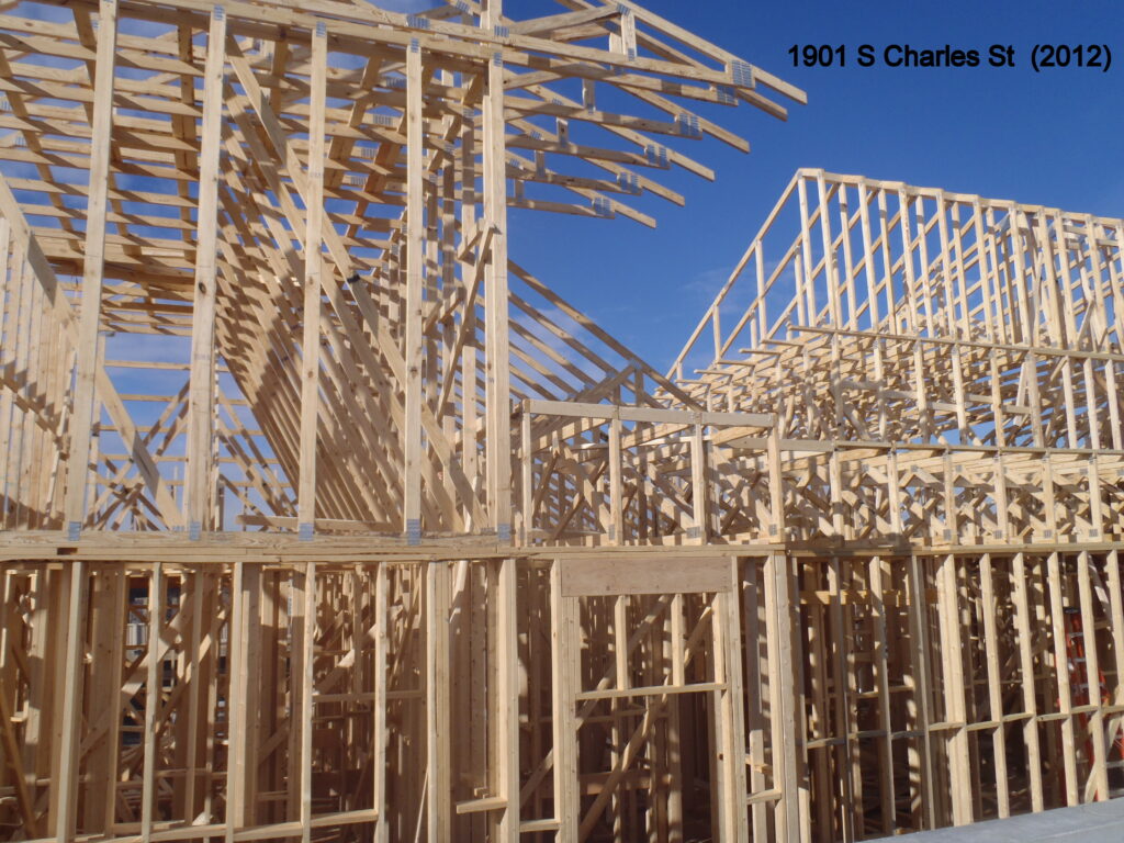 Complex multi-family wood truss and wall panel framing installation by Modu Tech at 1901 South Charles Street project in Baltimore.